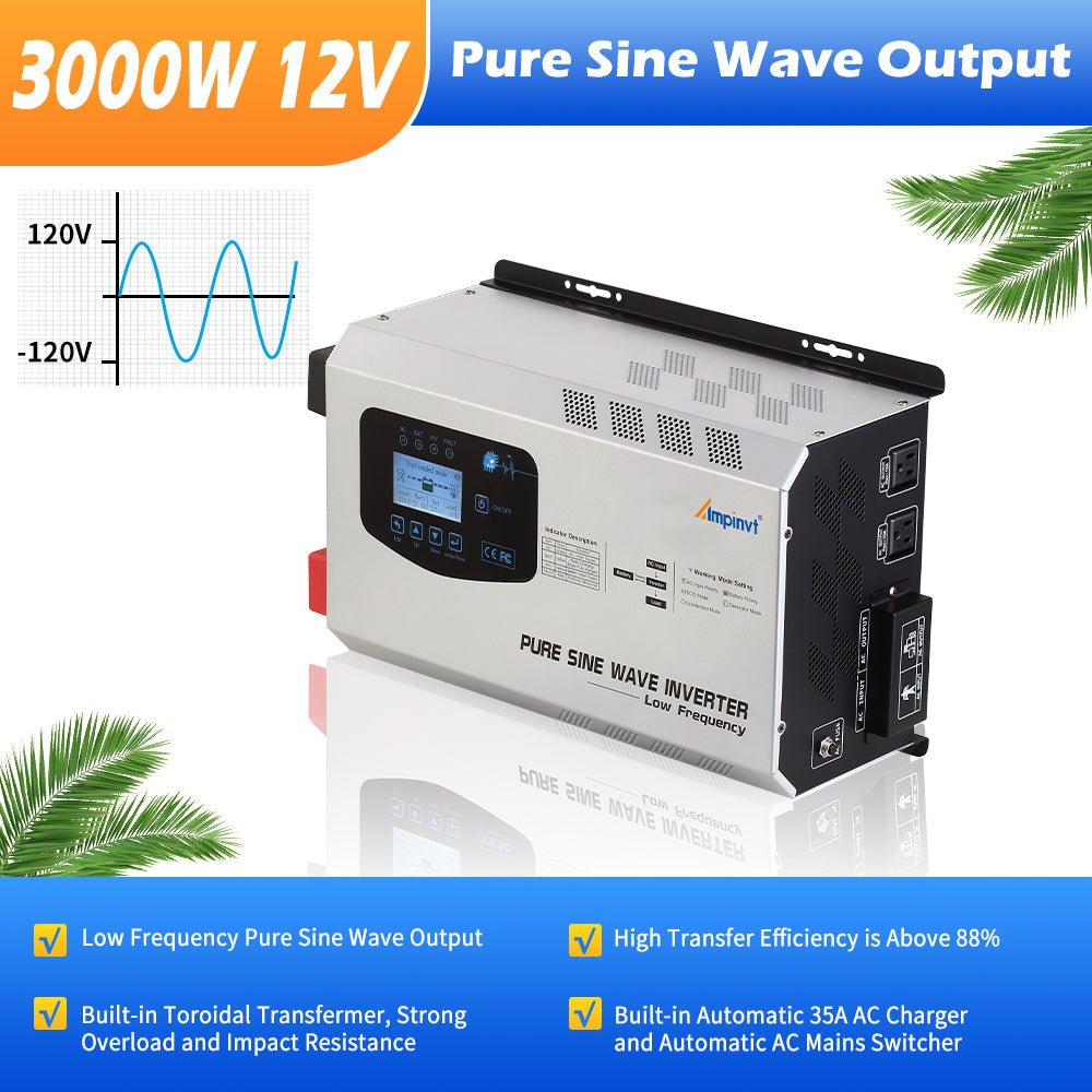 3000W DC 12V Pure Sine Wave Power Inverter with AC Charger