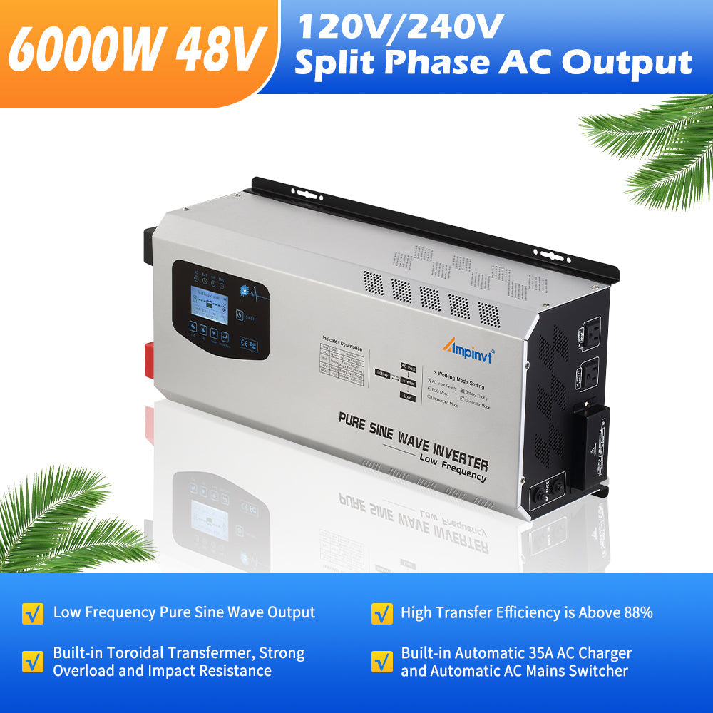 6000W DC 48V Split Phase Pure Sine wave Inverter with AC Charger