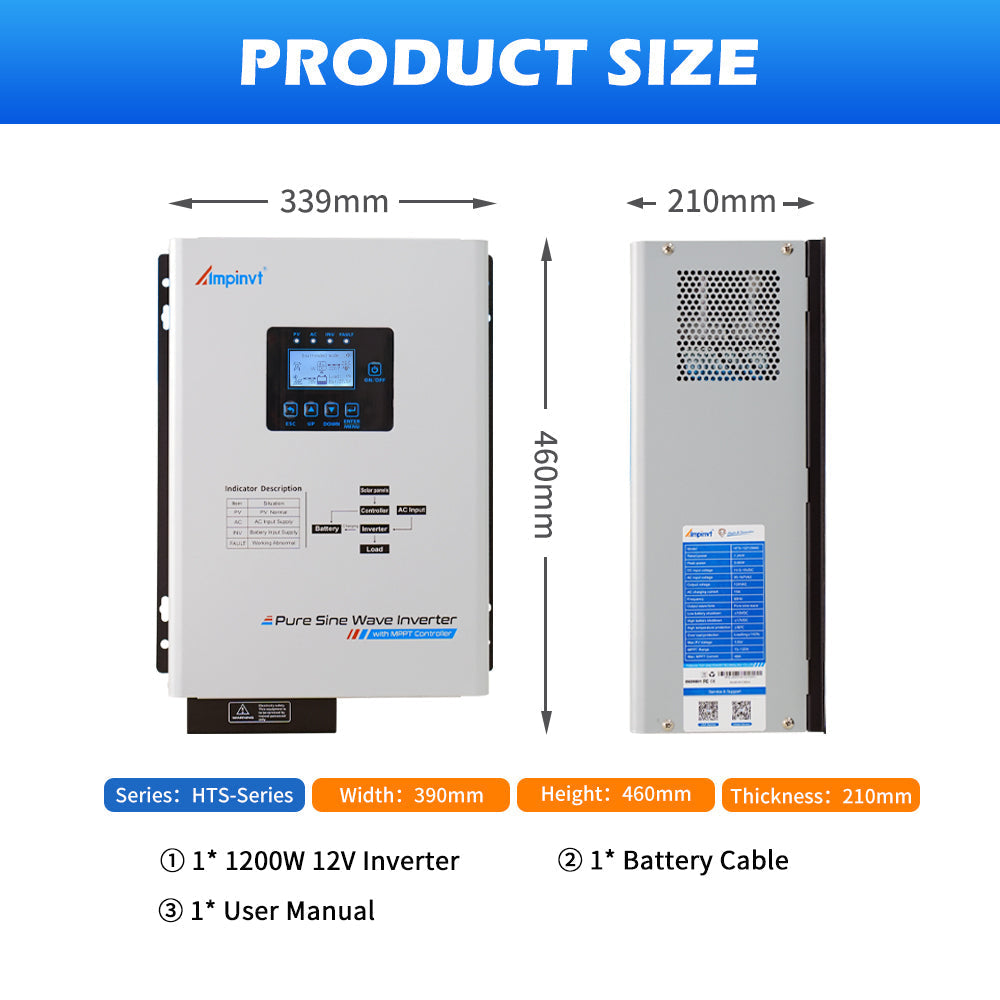 1200W 12Vdc to 120Vac Off grid Low frequency Solar Inverter 40A MPPT
