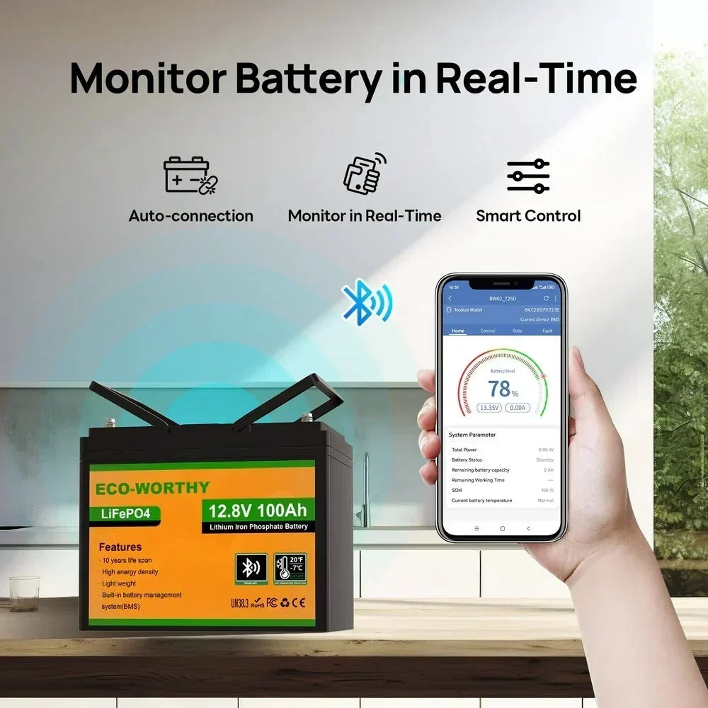 ECO-WORTHY 12V 100Ah LiFePO4 Battery With Bluetooth And Low-Temperature Protection