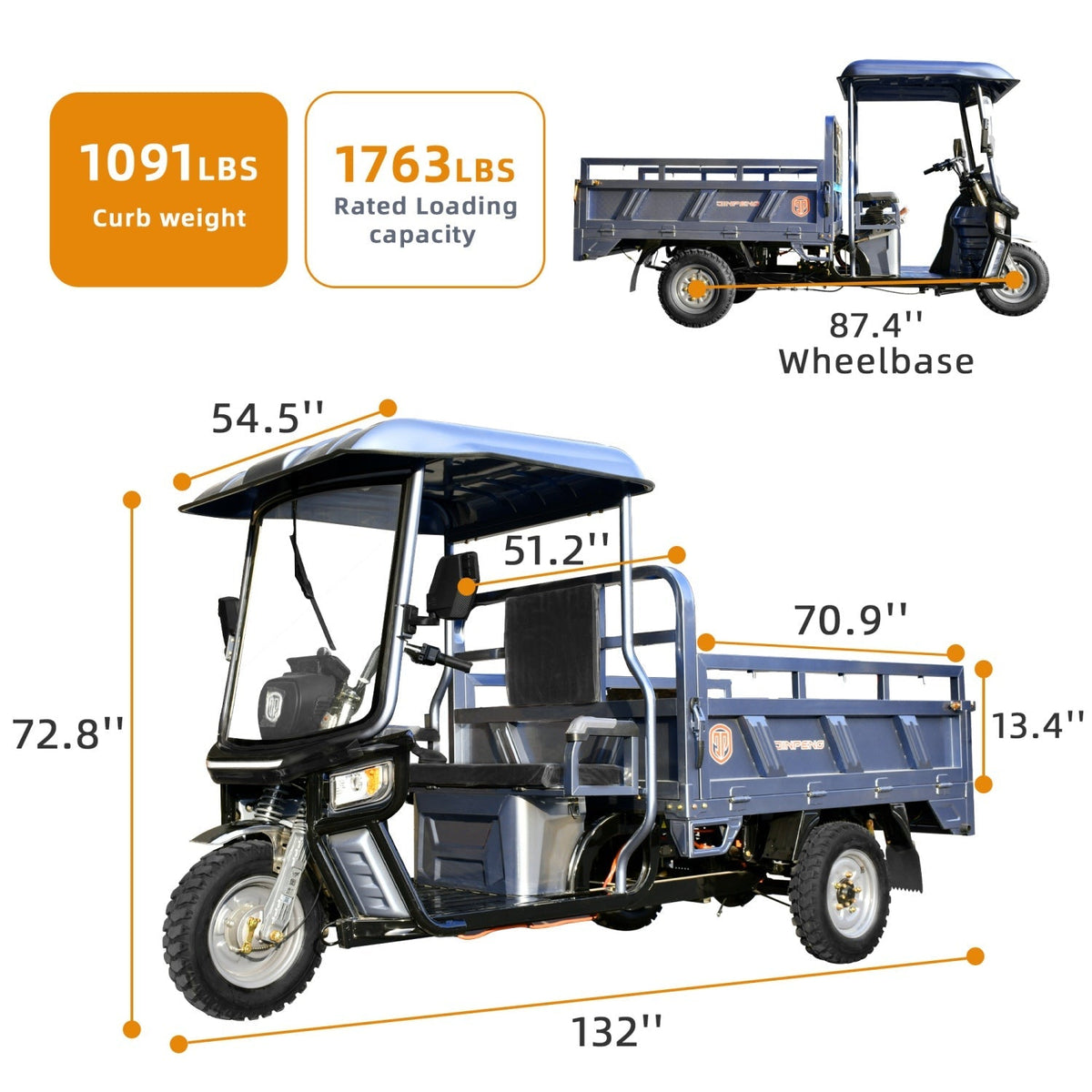 [CLEARANCE] 1500W Electric Cargo Tricycle Truck with Canopy