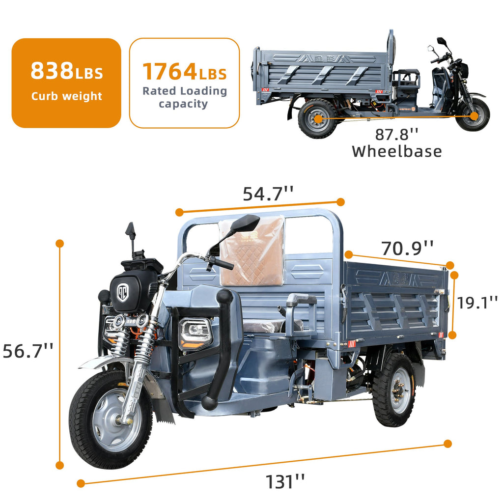 [CLEARANCE] 1500W Electric Cargo Tricycle Truck with Hydraulic Dump for Easy Unloading