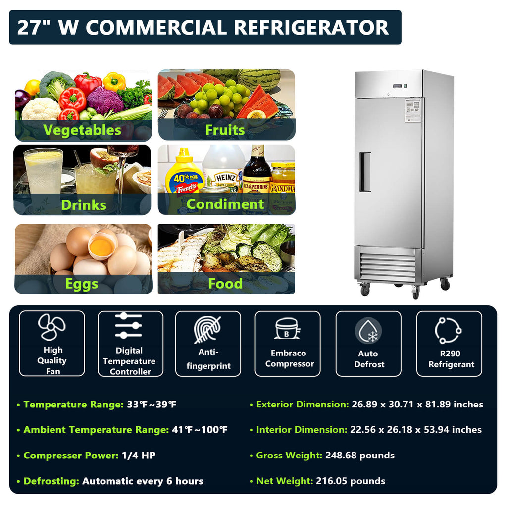 [CLEARANCE] 27"W Single Solid Door Reach-In Refrigerator 19 cu. ft. Commercial Refrigerator