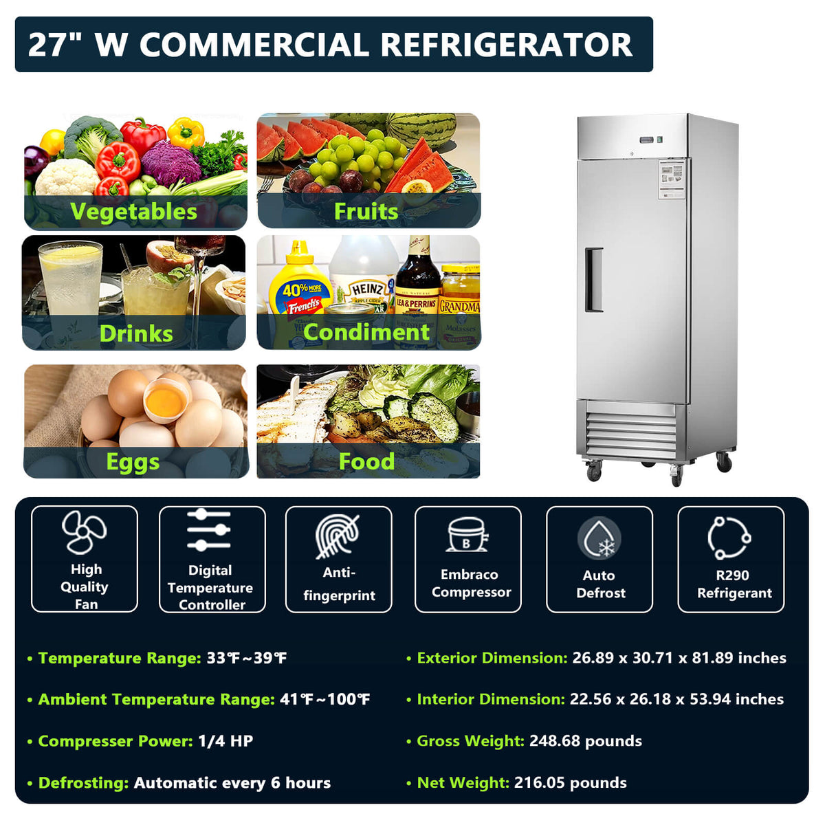 [CLEARANCE] 27"W Single Solid Door Reach-In Refrigerator 19 cu. ft. Commercial Refrigerator