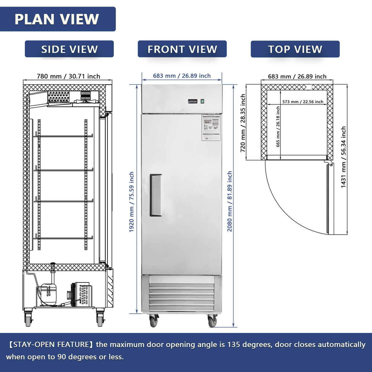 [CLEARANCE] 27"W Single Solid Door Reach-In Refrigerator 19 cu. ft. Commercial Refrigerator